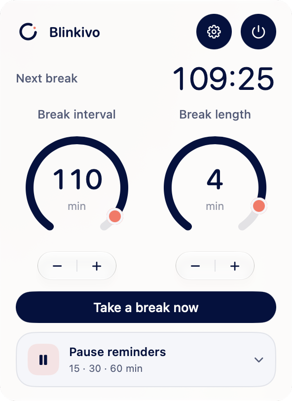 Blinkivo-Menü mit Countdown, Zeitreglern und Pausensteuerung; englische App-Ansicht
